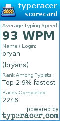 TypeRacer.com scorecard for user bryans