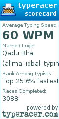 Scorecard for user allma_iqbal_typing_master