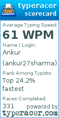TypeRacer.com scorecard for user ankur27sharma