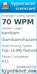 Scorecard for user bambamshazam