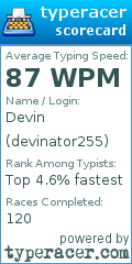 Scorecard for user devinator255