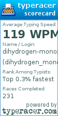 Scorecard for user dihydrogen_monoxide
