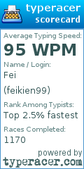 TypeRacer.com scorecard for user feikien99