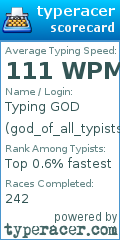 Scorecard for user god_of_all_typists