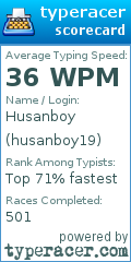 Scorecard for user husanboy19