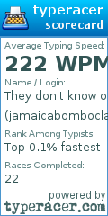 Scorecard for user jamaicabomboclatt