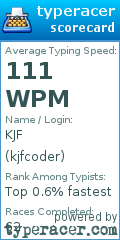 TypeRacer.com scorecard for user kjfcoder
