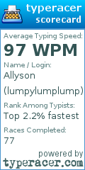 Scorecard for user lumpylumplump