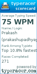 Scorecard for user prakashupadhyay