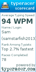 Scorecard for user samstarfish2013