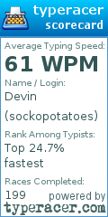 Scorecard for user sockopotatoes