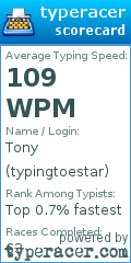 Scorecard for user typingtoestar