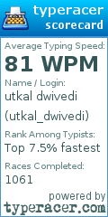 Scorecard for user utkal_dwivedi