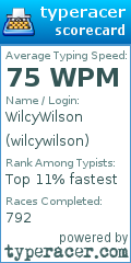 TypeRacer.com scorecard for user wilcywilson