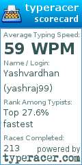 Scorecard for user yashraj99